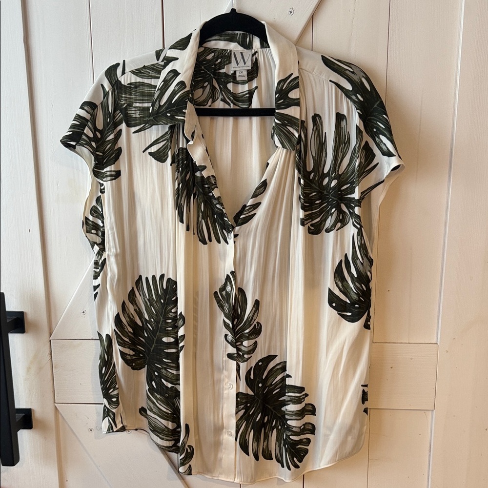 Worthington White Button-Down Top with Green Tropical Leaf Print